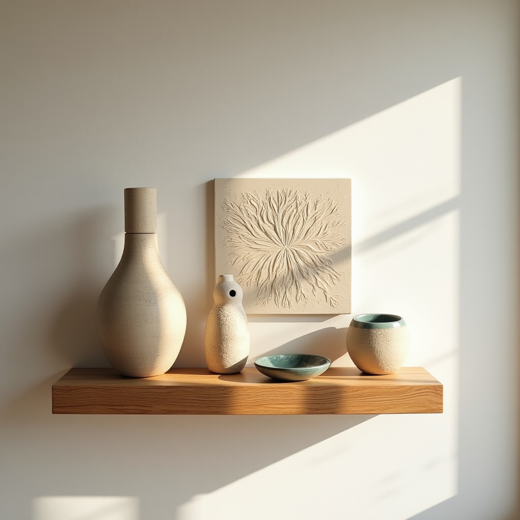 Ceramiczne ozdoby i figurki dekoracyjne na półce