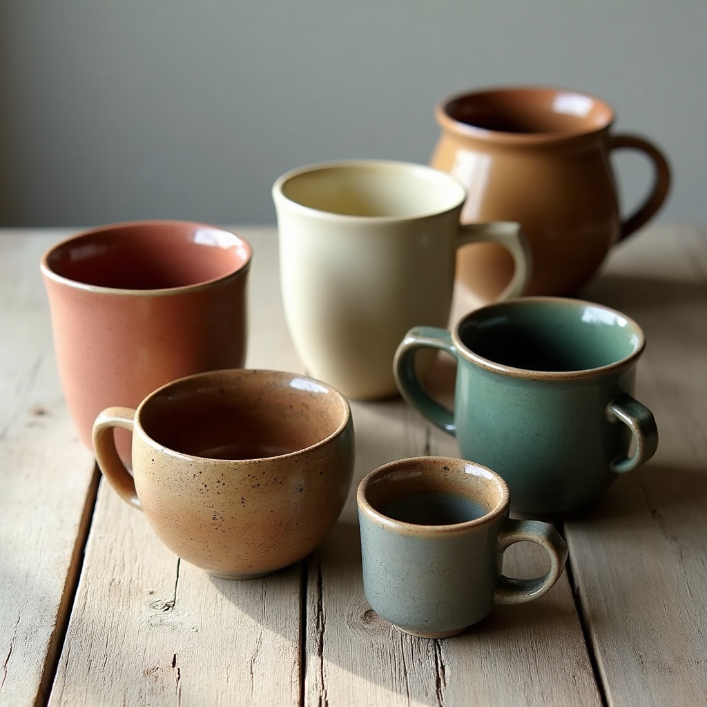 Zestaw ręcznie wykonanych ceramicznych kubków różnych kształtów